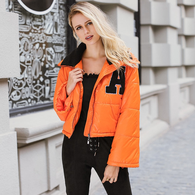 Conmoto Girl Casual Oversized Parkas Quilted Jackets Orange Super Cropped Women's Padded Coats Autumn Winter Chic Outerwear