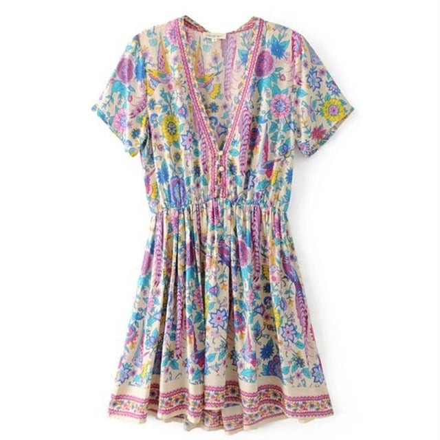 Boho Vintage Birds Floral Print Mini Dress Women 2018 New Fashion V-Neck Short Sleeve Summer Beach Dresses Casual Vestidos Mujer