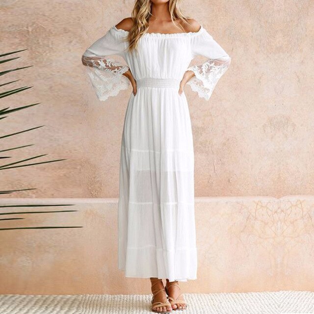 Moonbiffy Summer Sundress Long Women White Beach Dress Strapless Long Sleeve Loose Sexy Off Shoulder Lace Boho Cotton Maxi Dress