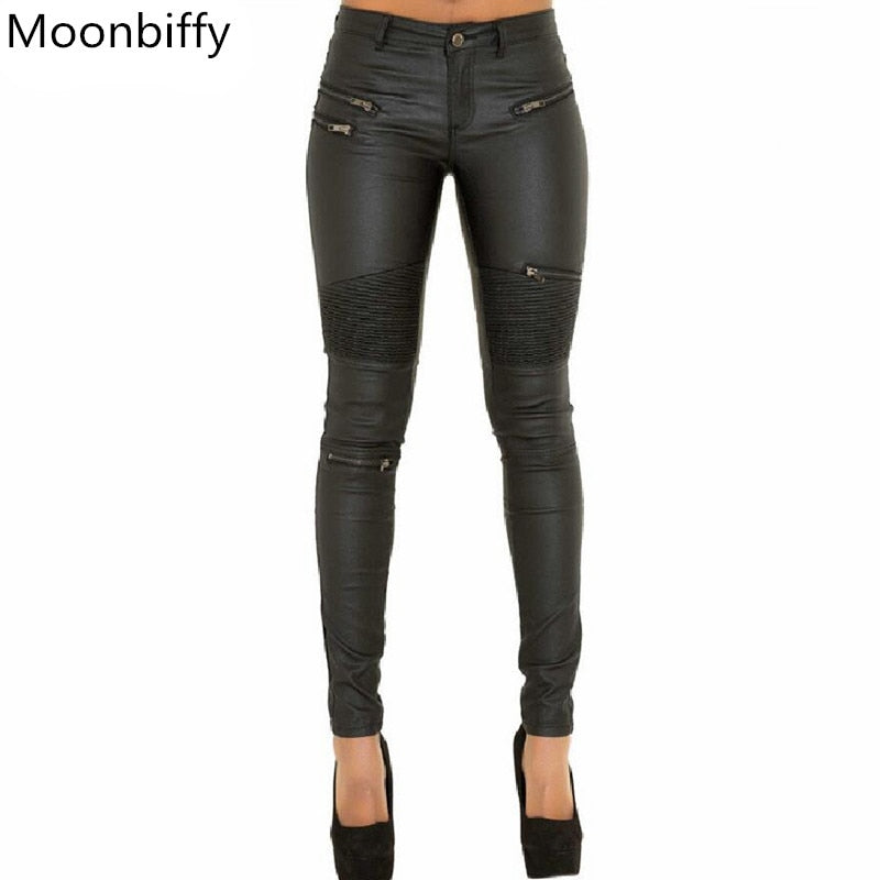 Moonbiffy Faux Leather Pants Women Elastic Zipper Leather Pants Trousers 2018 Leren Broeken Pleated Patchwork Pencil Long Pants