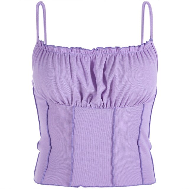 Sexy Spaghetti Straps Ruffles Crop Top Summer Women Purple Backless Sleeveless Camisole Top Female Slim Skinny Bralette