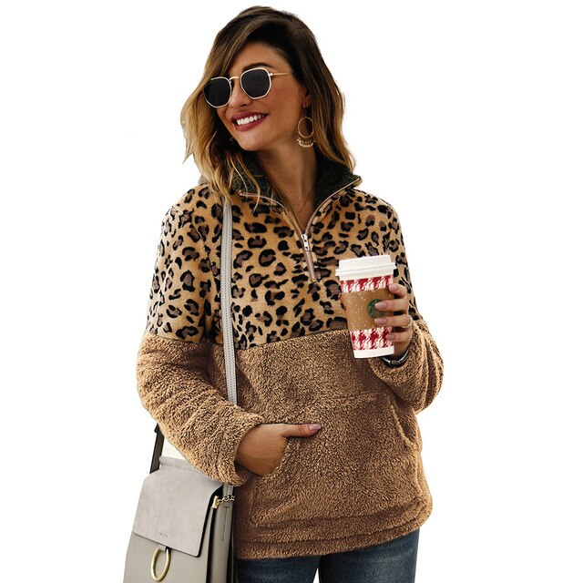 Women Fleece Sweatshirt Winter Casual Faux Fur Leopard Patchwork Fluffly Female Hoodies Warm Turtleneck Zipper Thick Sherpa Tops