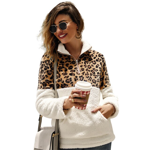 Women Fleece Sweatshirt Winter Casual Faux Fur Leopard Patchwork Fluffly Female Hoodies Warm Turtleneck Zipper Thick Sherpa Tops