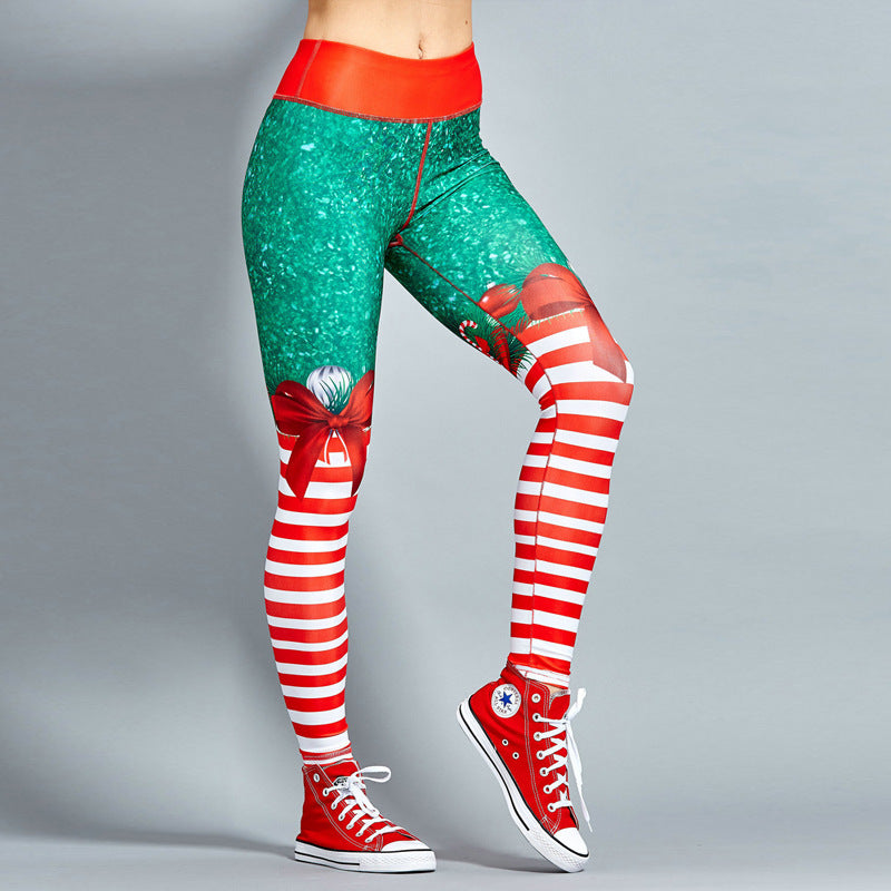 Women Christmas Bow Print Hip Movement Green Elasticity Large Size Full Length High Waist Fitness Pants Women