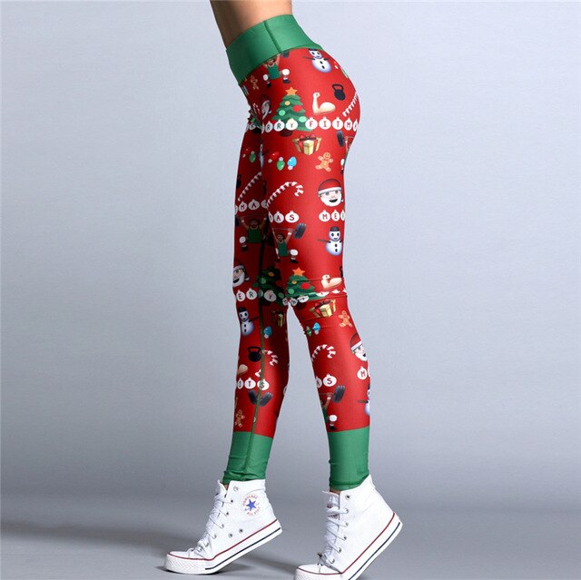 Women Christmas Bow Print Hip Movement Green Elasticity Large Size Full Length High Waist Fitness Pants Women