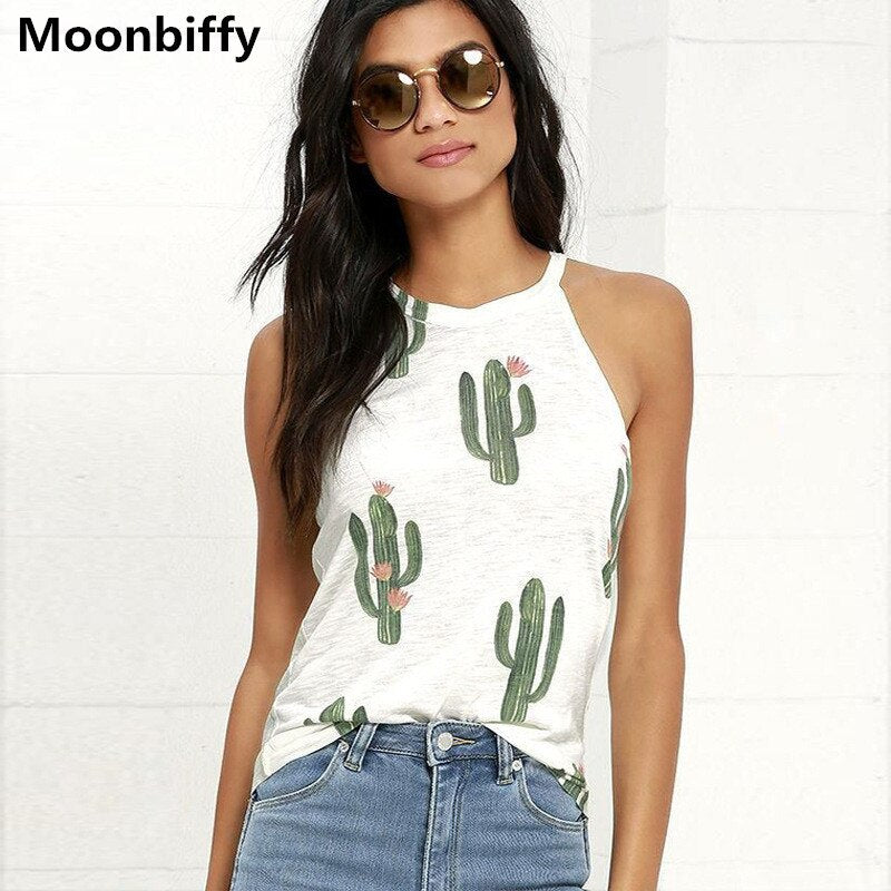 Print Cactus Green Plant Summer Tank Top Women 2018 Sexy Casual Sleeveless Halter Ladies Cami Cropped Tank Tops Tees