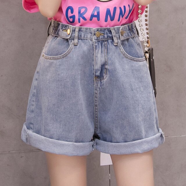 Denim Vintage Light Blue Solid Fashion High Waist Simple 2018 New Arrival Loose Casual Female Shorts